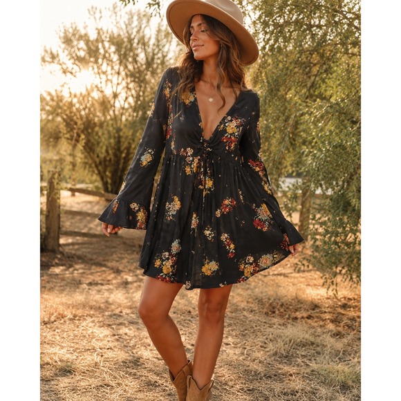 Free People Dresses & Skirts - Free People Floral Mini Dress S Black Boho Romantic Whimsigoth Witchy Festival